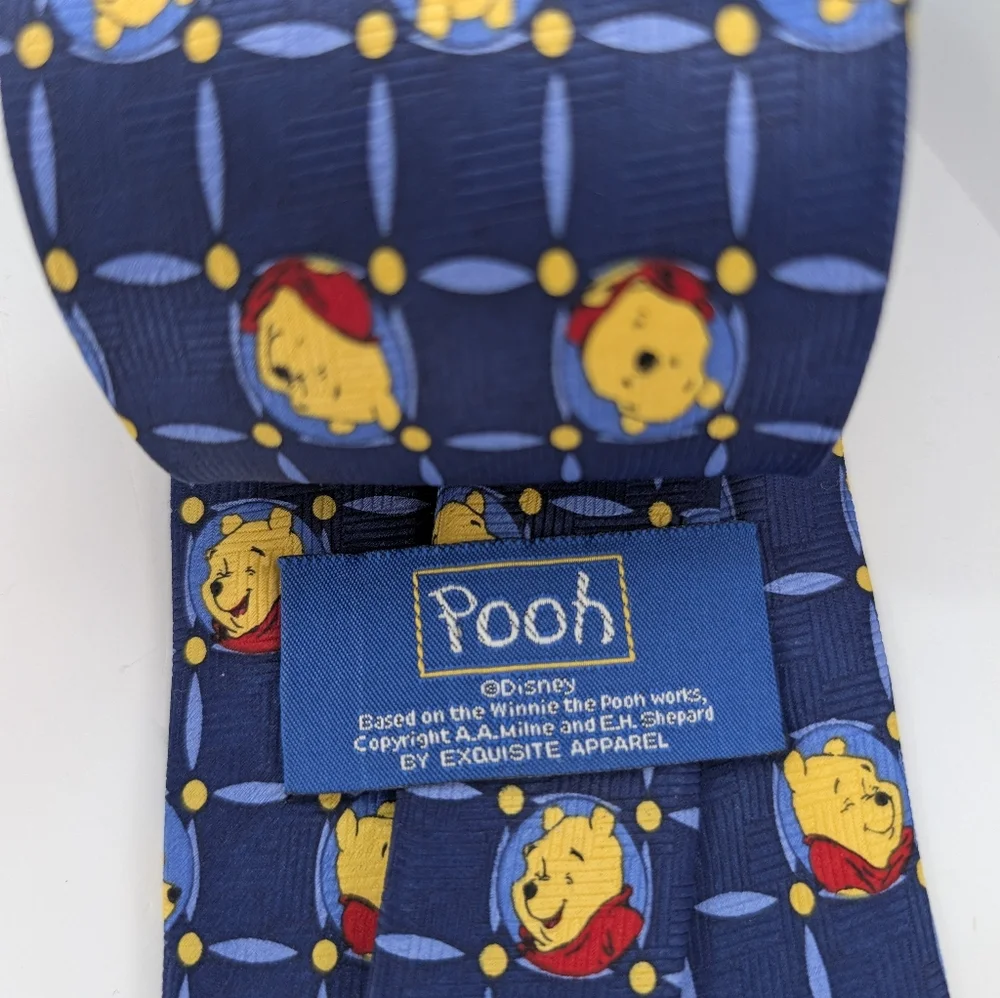 Disney Winnie the Pooh Vintage Character Tie Blue Yellow Silk Necktie